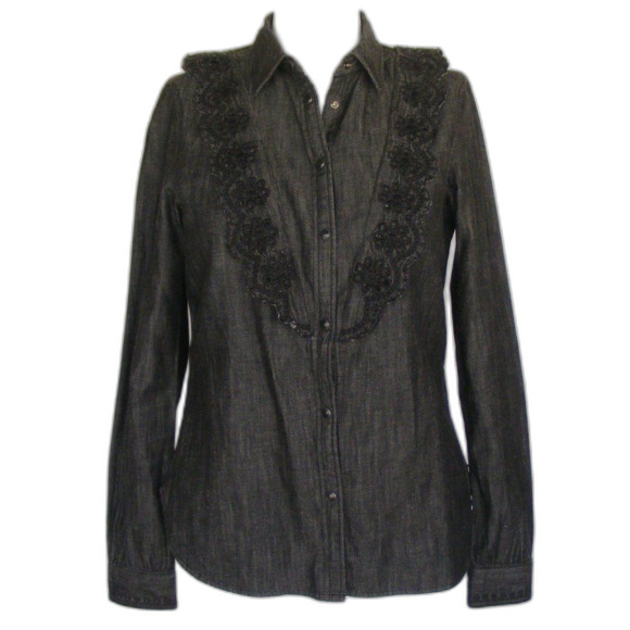 SCOTCH & SODA Blouse, XS, Black Denim, Eyelet Ruffle bib, Long sleeve, Snaps - Picture 11 of 16